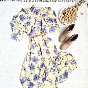 Geegee Dresses Mock Neck Leg Of Mutton Puff Sleeve Yellow Floral Midi Dress S